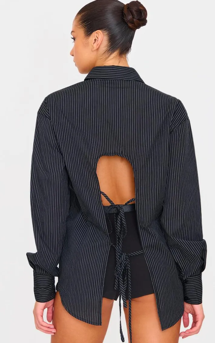Black Oversized Striped Cut Out Back Shirt