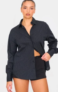 Black Oversized Striped Cut Out Back Shirt