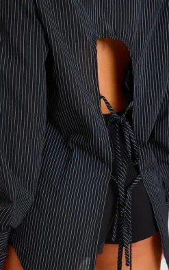 Black Oversized Striped Cut Out Back Shirt
