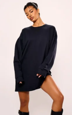 Black Oversized Sweat Long Sleeve Sweater Dress