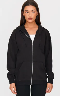 Black Oversized Zip Up Plain Front Hoodie
