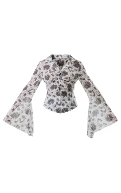 Black Paisley Print Chiffon Ruched Tie Front Fitted Blouse