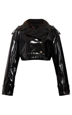 Black Patent Faux Leather Cropped Trench
