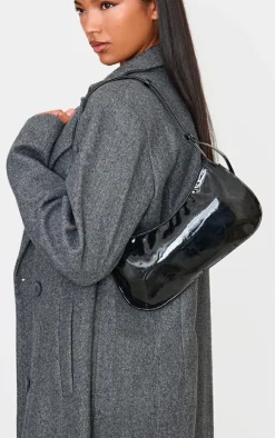 Black Patent Handle Slim Shoulder Bag