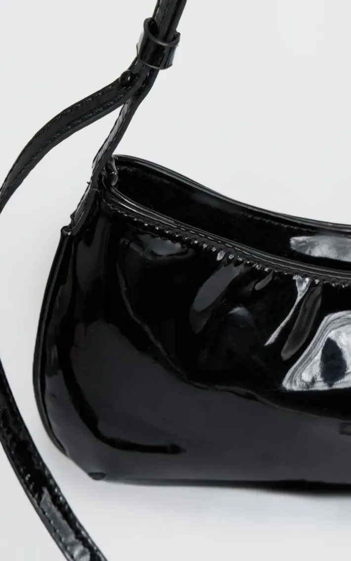 Black Patent Handle Slim Shoulder Bag