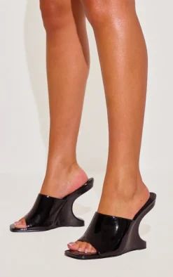 Black Patent Pu Cut Out Heeled Mule Wedges