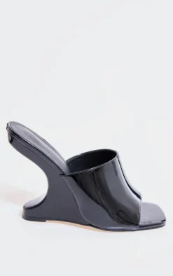 Black Patent Pu Cut Out Heeled Mule Wedges