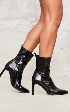 Black Patent PU High Stiletto Heeled Sock Boots