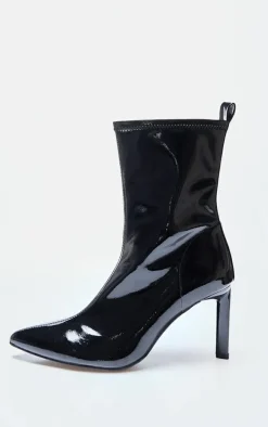 Black Patent PU High Stiletto Heeled Sock Boots