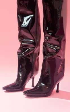 Black Patent PU Point Toe Knee High Heeled Boots
