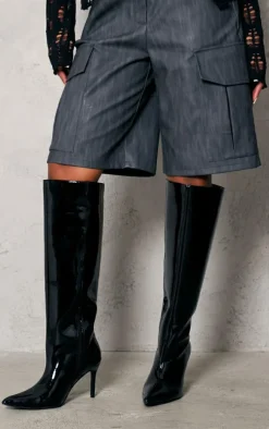 Black Patent Pu Point Toe Stiletto Heeled Knee High Boots