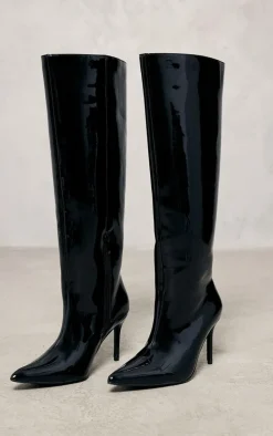 Black Patent Pu Point Toe Stiletto Heeled Knee High Boots