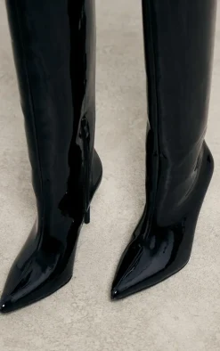 Black Patent Pu Point Toe Stiletto Heeled Knee High Boots