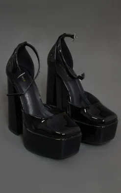 Black Patent PU Square Toe Platform High Block Heeled Sandals