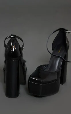 Black Patent PU Square Toe Platform High Block Heeled Sandals