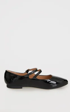 Black Patent Pu Square Toe Double Strap Flat Ballets