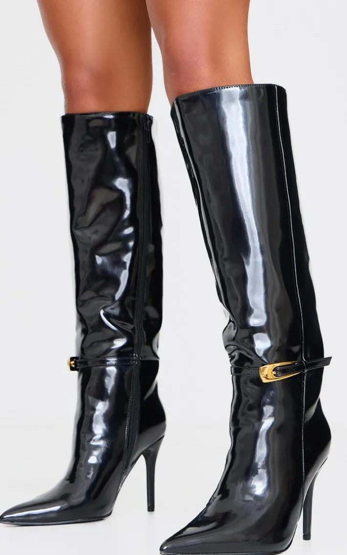 Black Patent PU Wide Fit Point Toe Knee High Stiletto Heeled Boots
