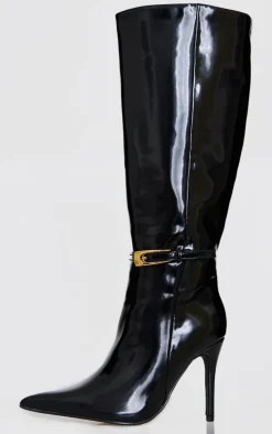 Black Patent PU Wide Fit Point Toe Knee High Stiletto Heeled Boots