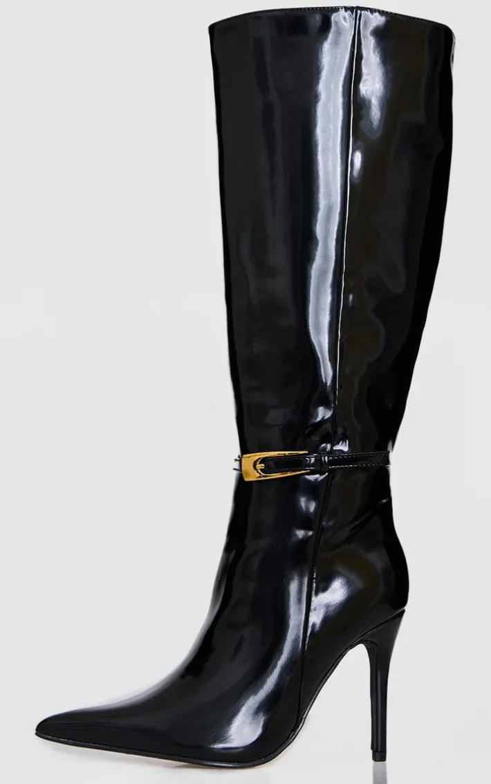 Black Patent PU Wide Fit Point Toe Knee High Stiletto Heeled Boots