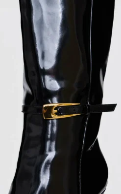 Black Patent PU Wide Fit Point Toe Knee High Stiletto Heeled Boots