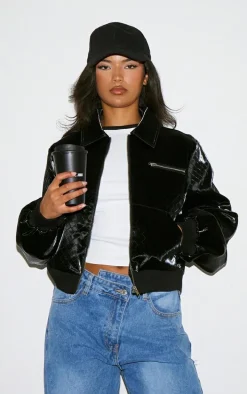 Black Patterned High Shine Faux Leather Jacket
