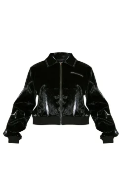 Black Patterned High Shine Faux Leather Jacket