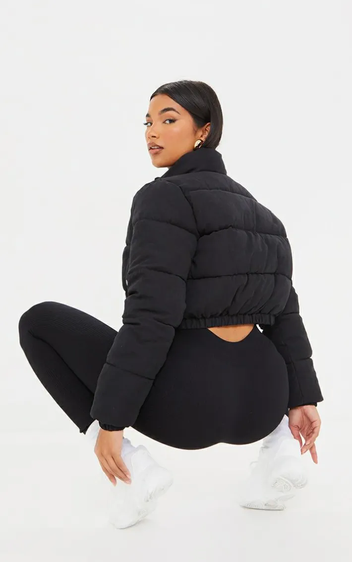 Black Peach Skin Cropped Bubble Puffer Jacket
