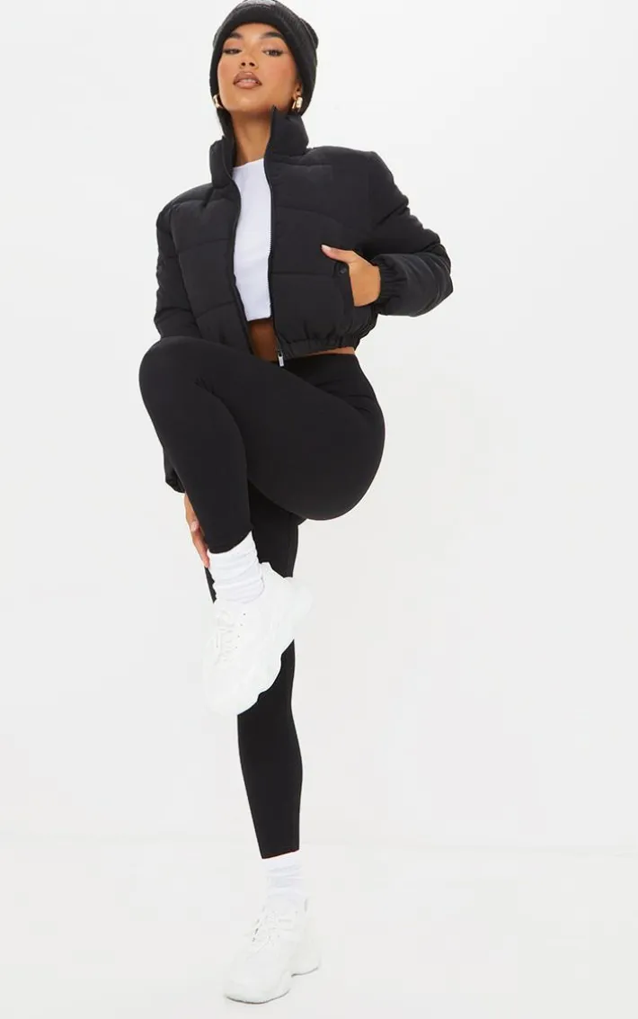 Black Peach Skin Cropped Bubble Puffer Jacket