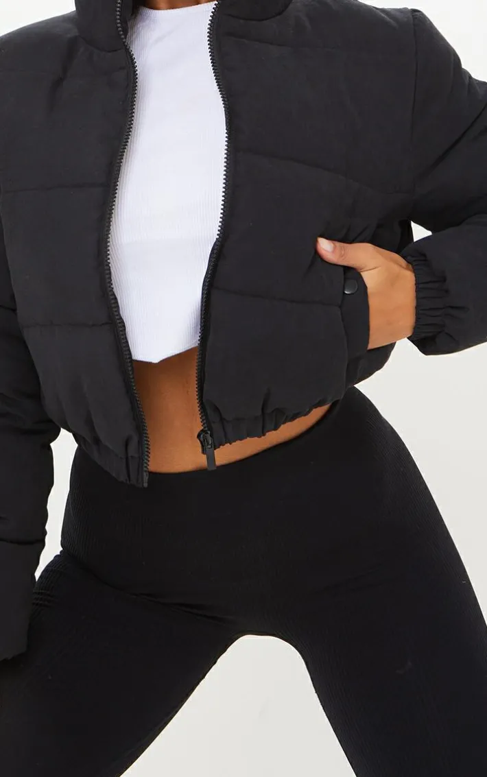 Black Peach Skin Cropped Bubble Puffer Jacket