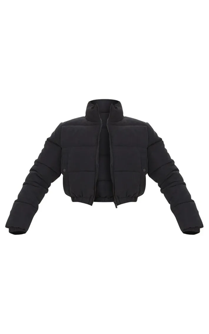 Black Peach Skin Cropped Bubble Puffer Jacket