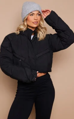 Black Peached Shell Zip Front Oversized Cropped Puffer Jacket