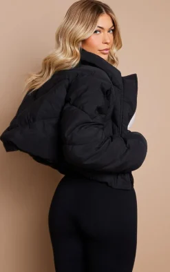 Black Peached Shell Zip Front Oversized Cropped Puffer Jacket