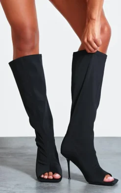 Black Peep Toe Wide Fit High Stiletto Knee High Boots