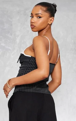 Black Pinstripe Contrast Stap Lace Up Top
