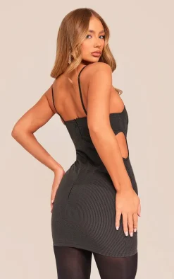 Black Pinstripe Cup Detail Mini Dress