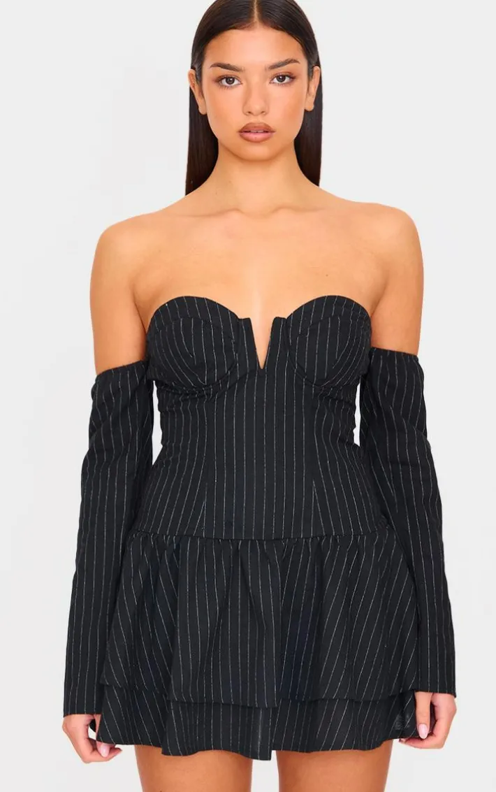 Black Pinstripe Cup Detail Bardot Shift Dress