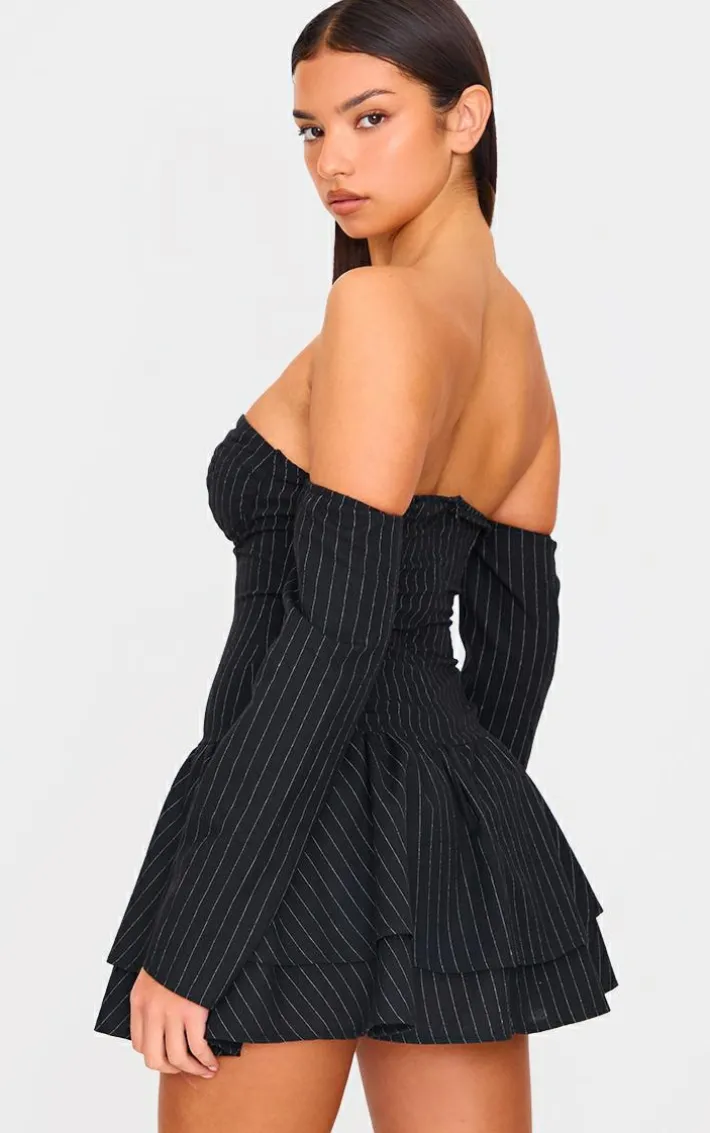 Black Pinstripe Cup Detail Bardot Shift Dress