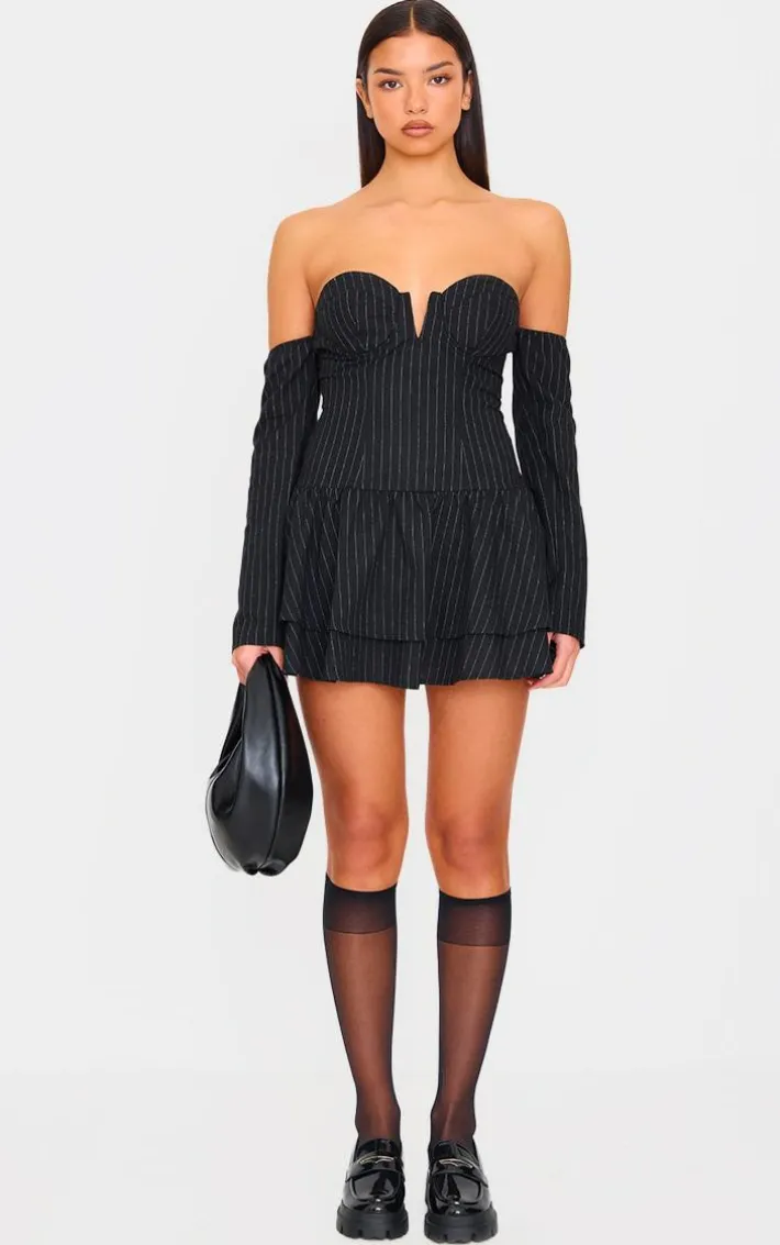 Black Pinstripe Cup Detail Bardot Shift Dress