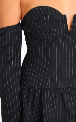 Black Pinstripe Cup Detail Bardot Shift Dress
