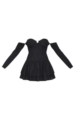 Black Pinstripe Cup Detail Bardot Shift Dress