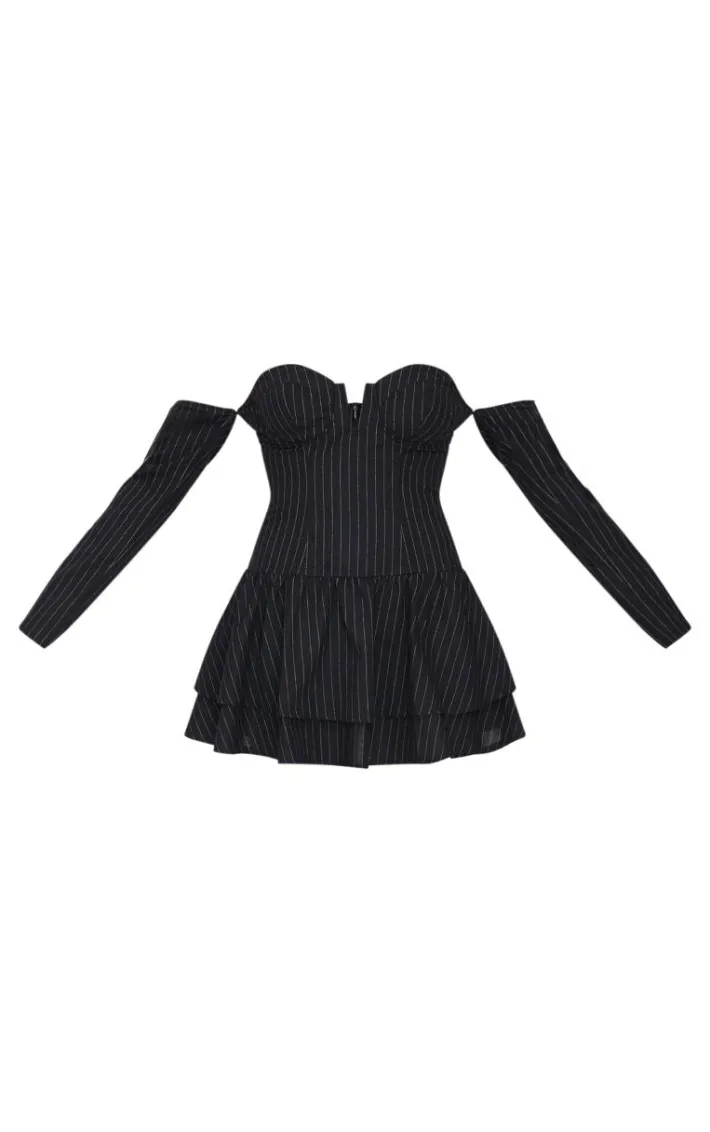 Black Pinstripe Cup Detail Bardot Shift Dress