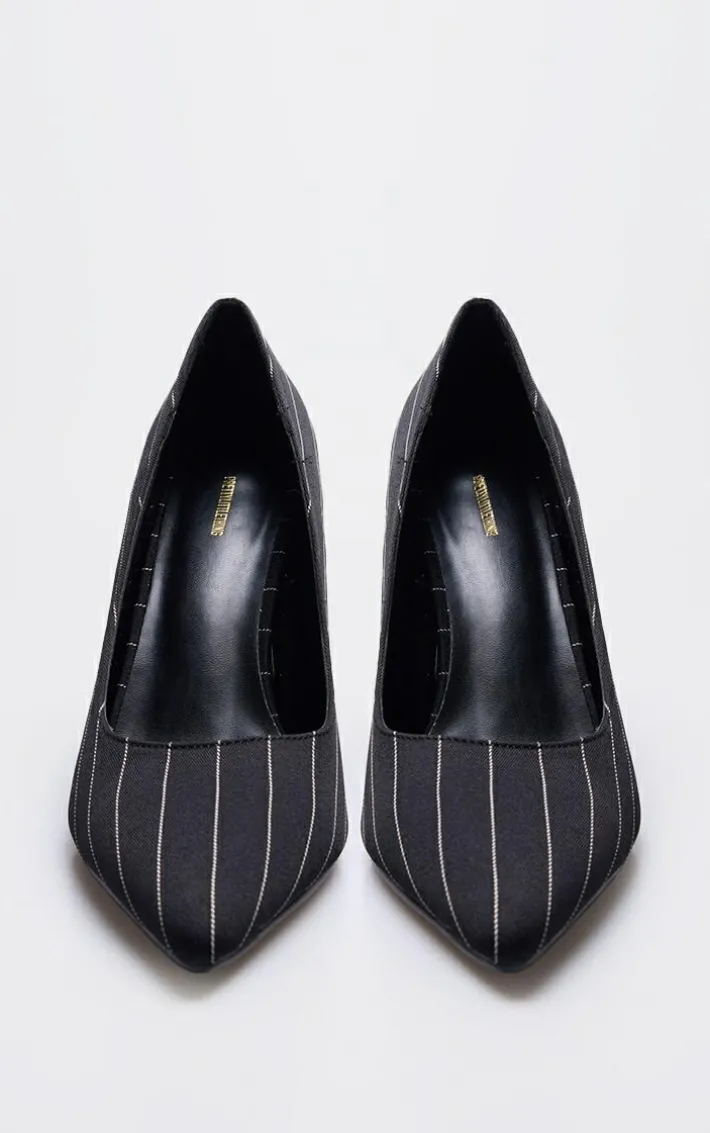 Black Pinstripe Point Toe Court Heels