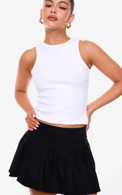 Black Pinstripe Stretch Woven Low Rise Pleated Micro Mini Skirt