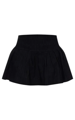 Black Pinstripe Stretch Woven Low Rise Pleated Micro Mini Skirt