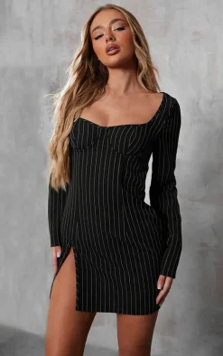 Black Pinstripe Underwired Detail Shift Dress