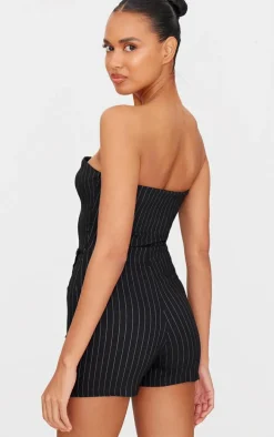 Black Pinstripe Woven Zip Front Skort Romper