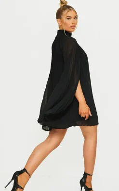 Black Pleated Cape High Neck Shift Dress