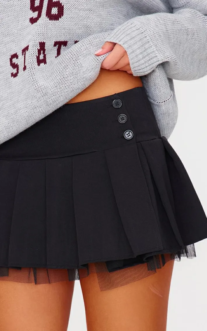 Black Pleated Mesh Hem Detail Mini Skirt