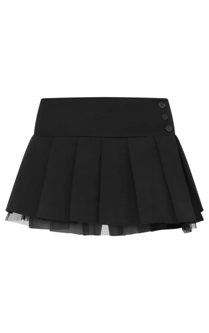 Black Pleated Mesh Hem Detail Mini Skirt