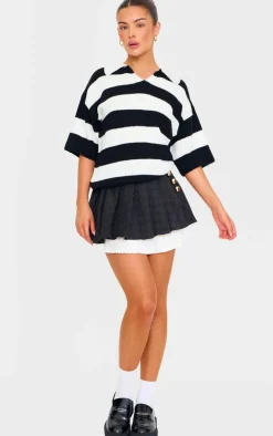 Black Pleated Textured Boucle Mini Skirt